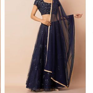 Navy Gold Lace Border Net Dupatta Shawl Scarf, OS, Navy Blue Gold